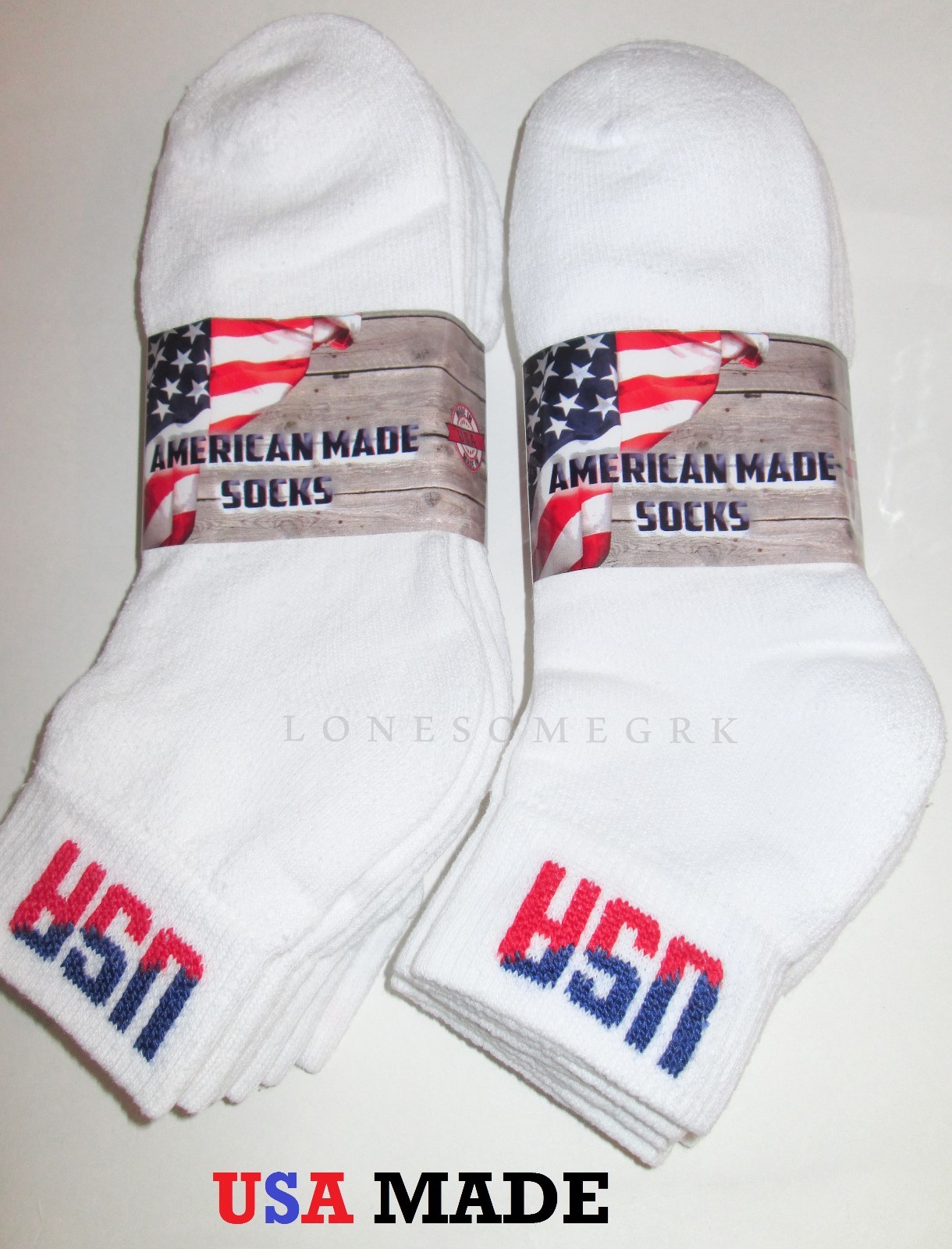 6 Pairs Mens USA Logo White Cushioned Cotton Ankle Socks US Made 9-12 Shoe