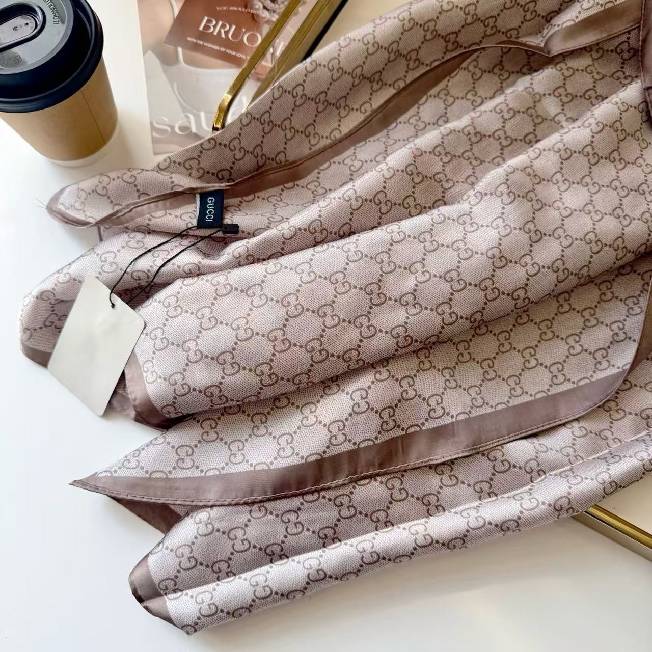GUCCI SCARF SHAWL AUTHENTIC 100% SILK BEIGE BROWN CLASSIC LOGO LIGHT WEIGHT
