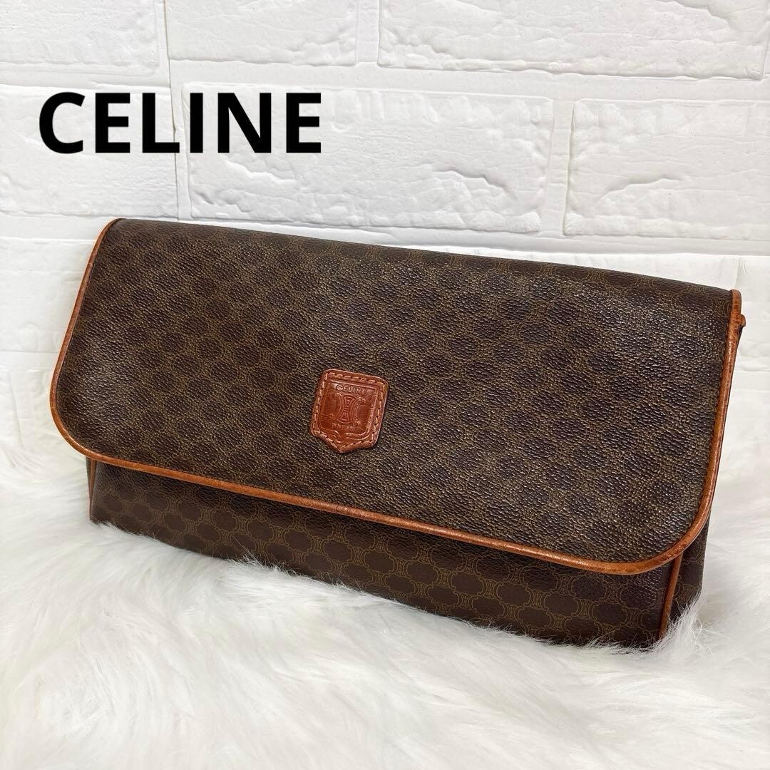 CELINE Clutch Bag Macadam PVC Leather Brown Vintage Authentic From Japan