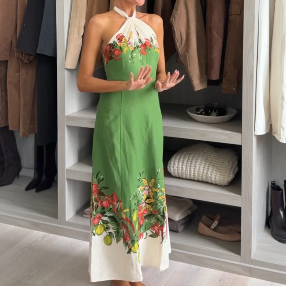NWT H&M Linen-blend Halterneck Dress Green/flowers 1329753001 Sizes S, M, L