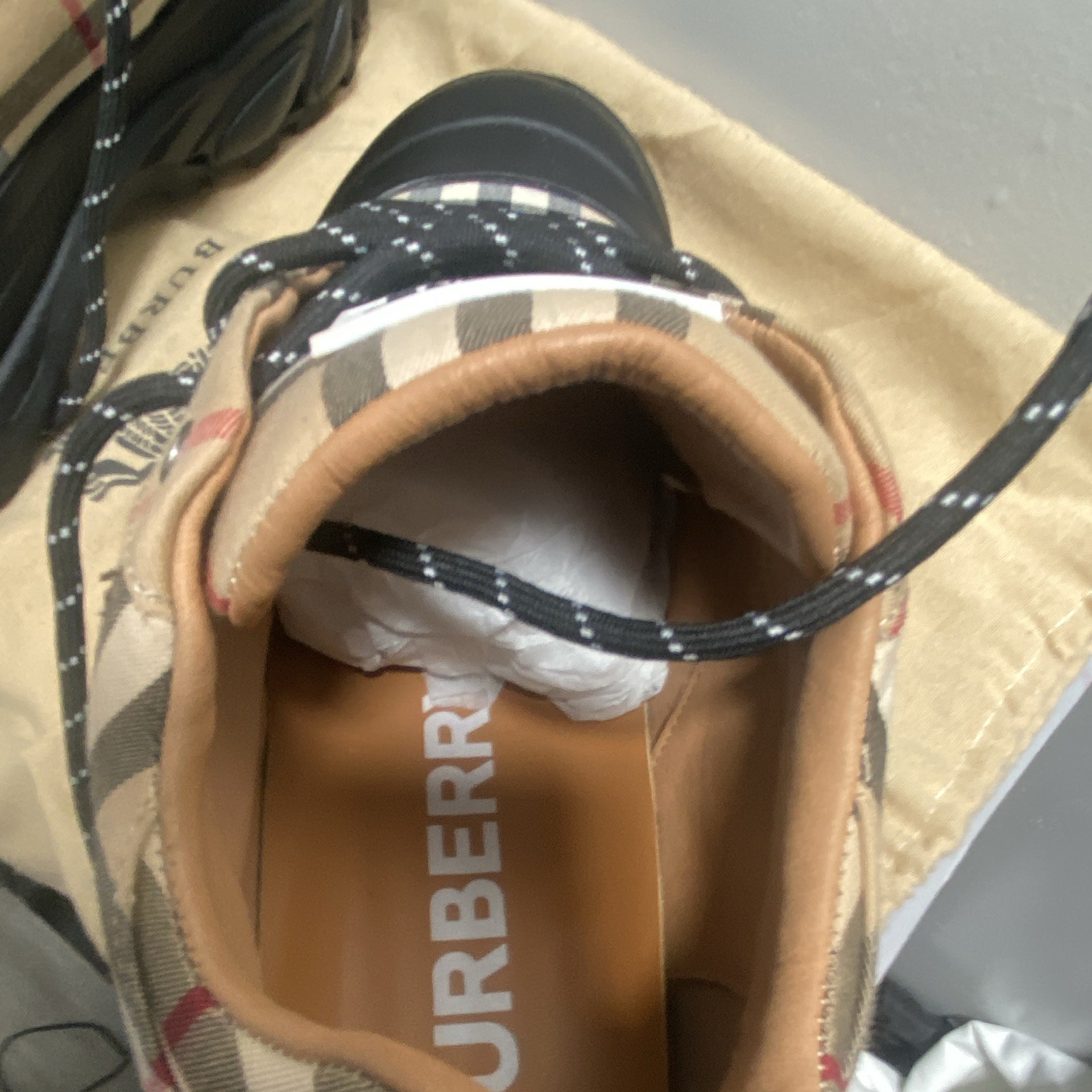 Burberry Men’s Beige/Black Check Suede Lace-Up Sneakers US 10 Round Toe