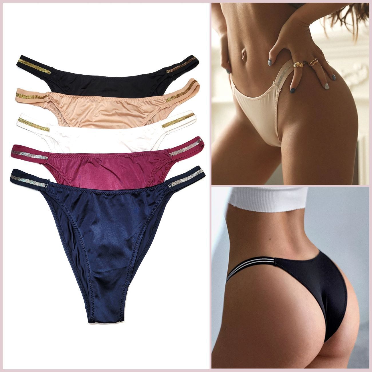 Pack Of 5 Women High Cut Satin Panties Thong Brief Brazilian Underwear Lingeries