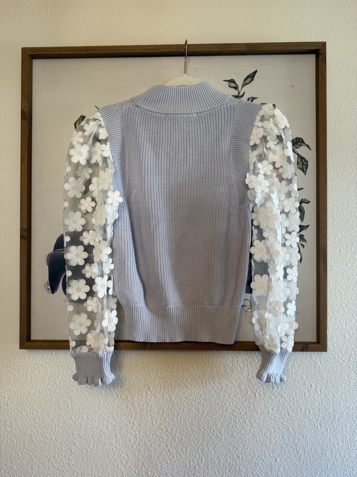 French Connection M Blue White Mock Neck Sheer Floral Knit Pullover