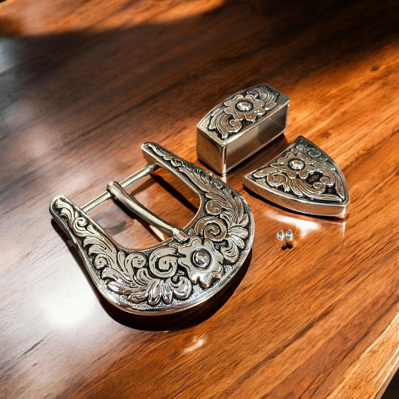 Western 3-Piece Belt Buckle Set Floral Engraved Silver Metal Cowboy Rodeo Style