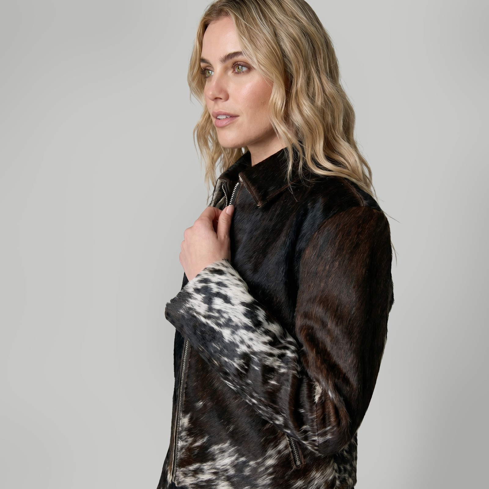 Genuine Cowhide Leather Jacket Womens Hair On Hide Fur Western Cow Print Short