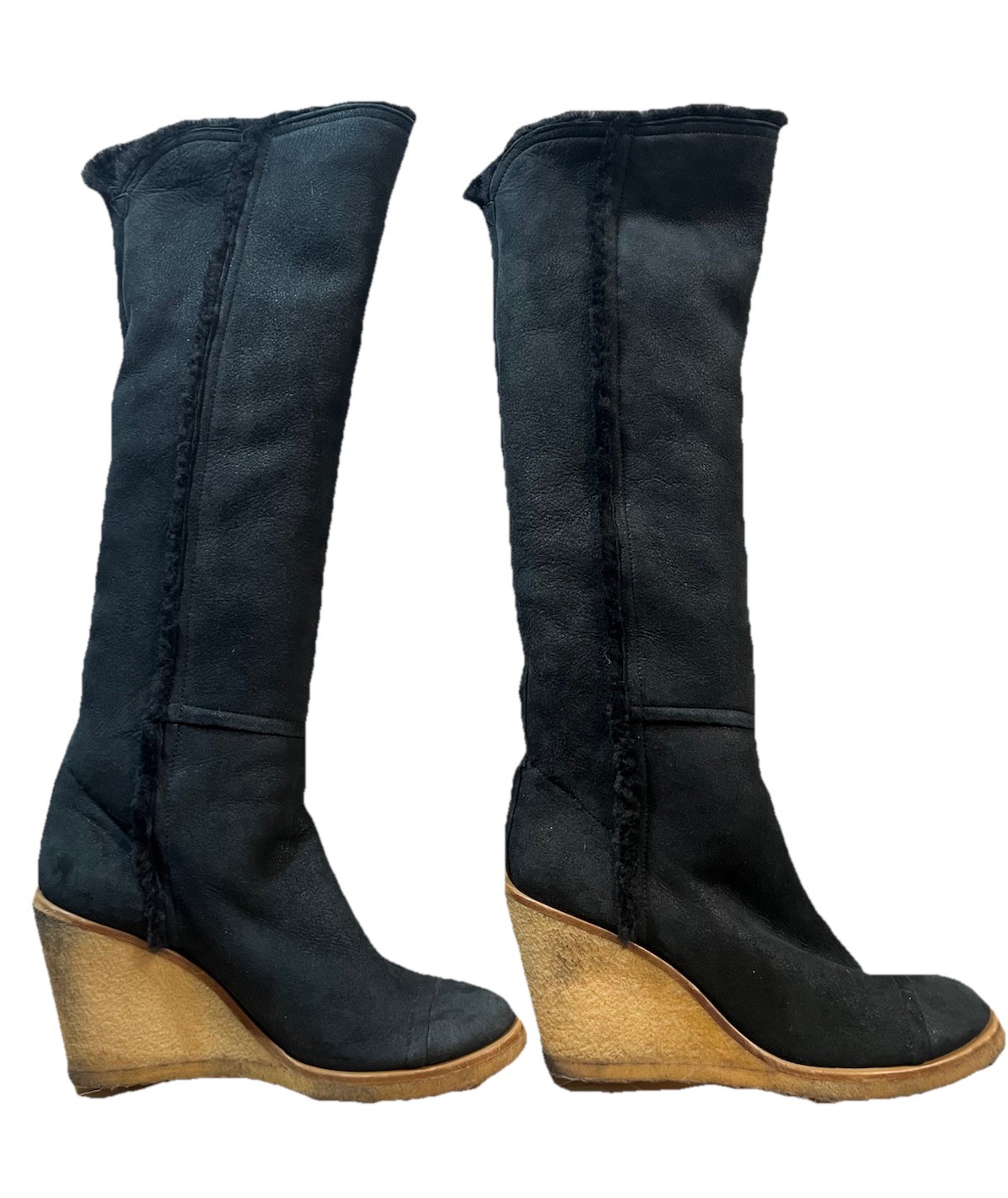 Chanel Boots 40 Wedge Knee High Suede Sherpa Fur Lined Biker Moto Spellout Logos