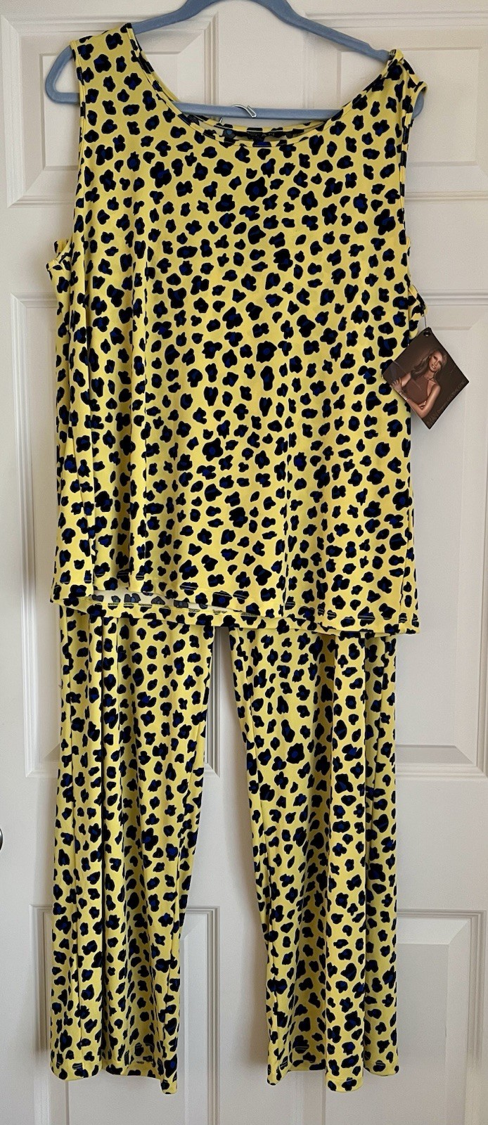 IMAN Global Chic Women’s 1X 2pc Yellow Leopard Knit Stretch Tank Wide-Leg Pants