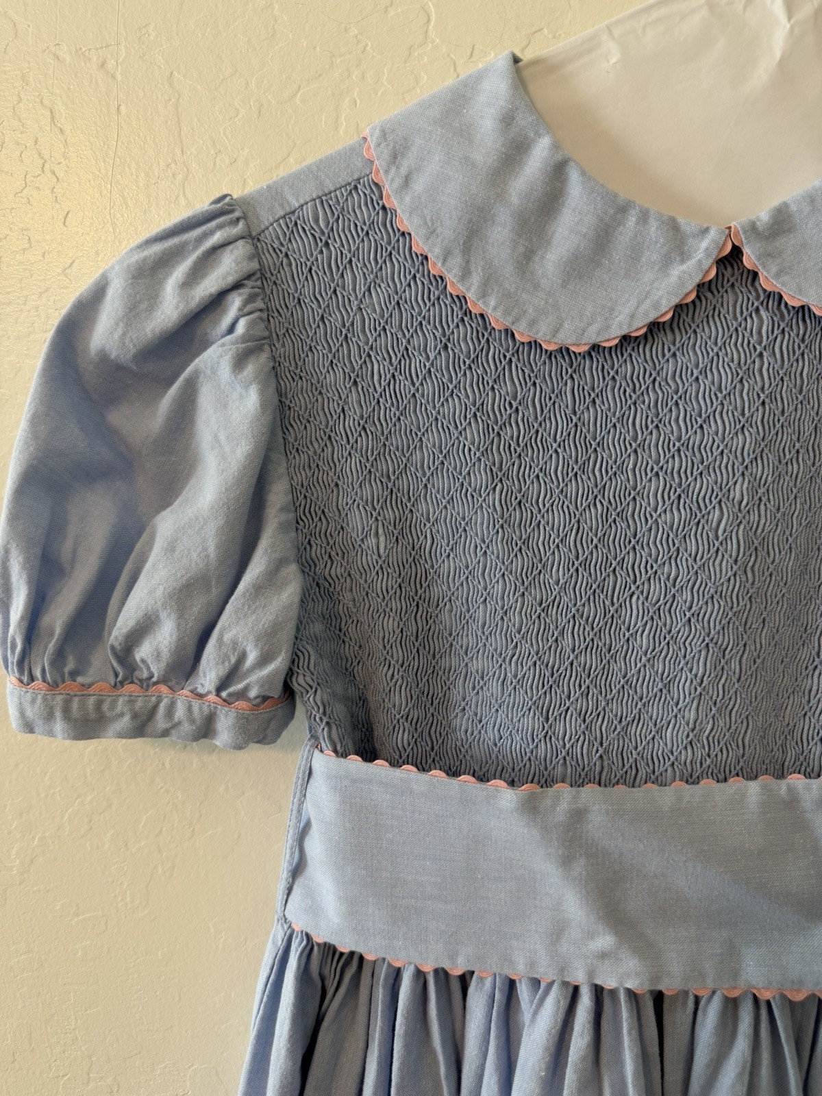 Vintage Bois de Rose Smocked Blue Dress Peter Pan Collar Size 7 Girls