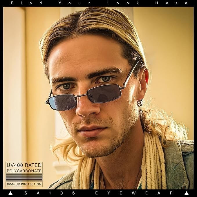 SA106 Snug Fit Small Mens Rectangular Metal Rim Classic Color Lens Sunglasses
