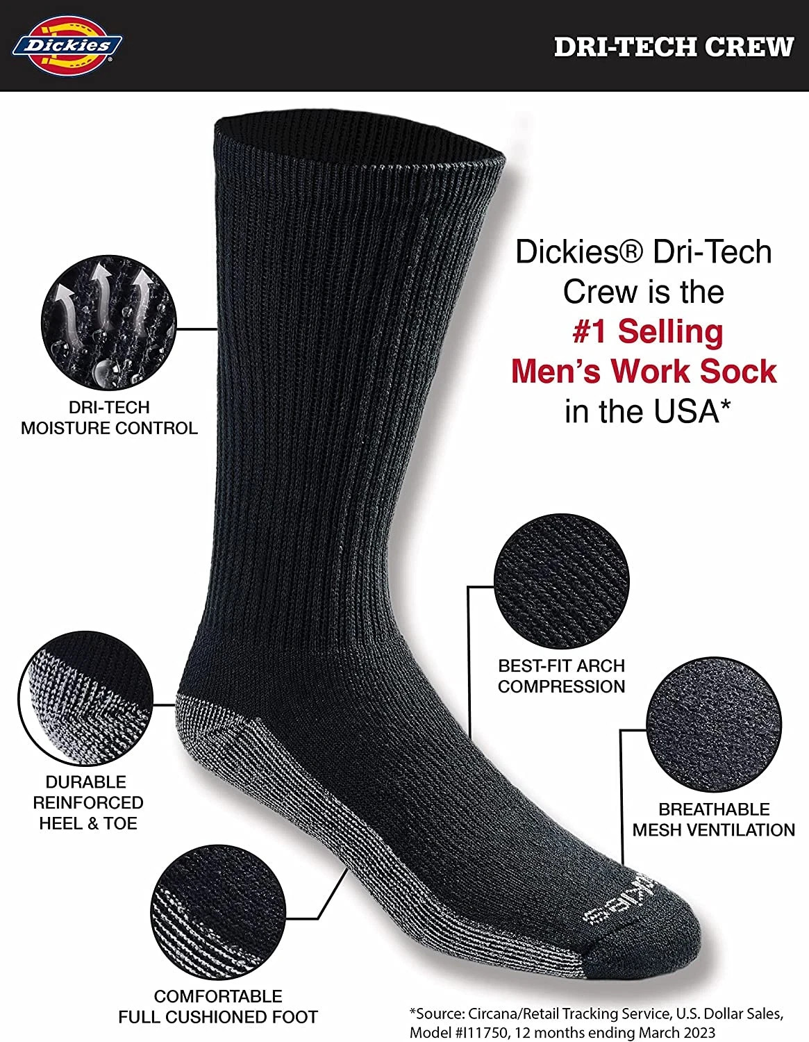 Dickies Men’s Dri-Tech Original Moisture Control Crew Socks,M-XXL-6, 12, 18Pairs