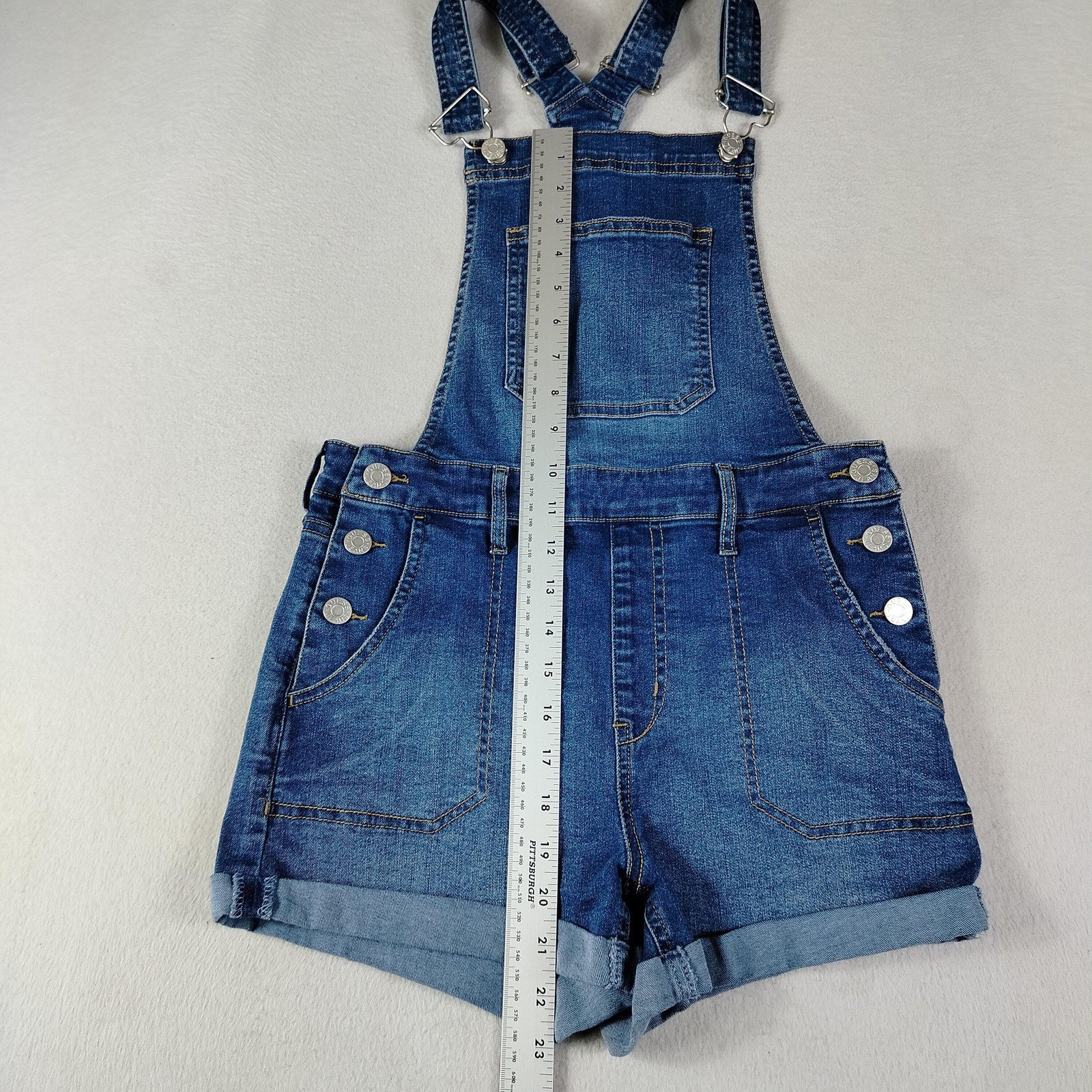 Guess Y2K Shortalls Womens 27 Blue Denim Adjustable Straps Cuffed Bib Minimalist