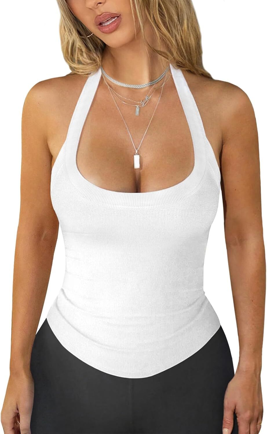 Womens Halter Top Deep Scoop Neck Low Cut Racerback Tank Top for Women