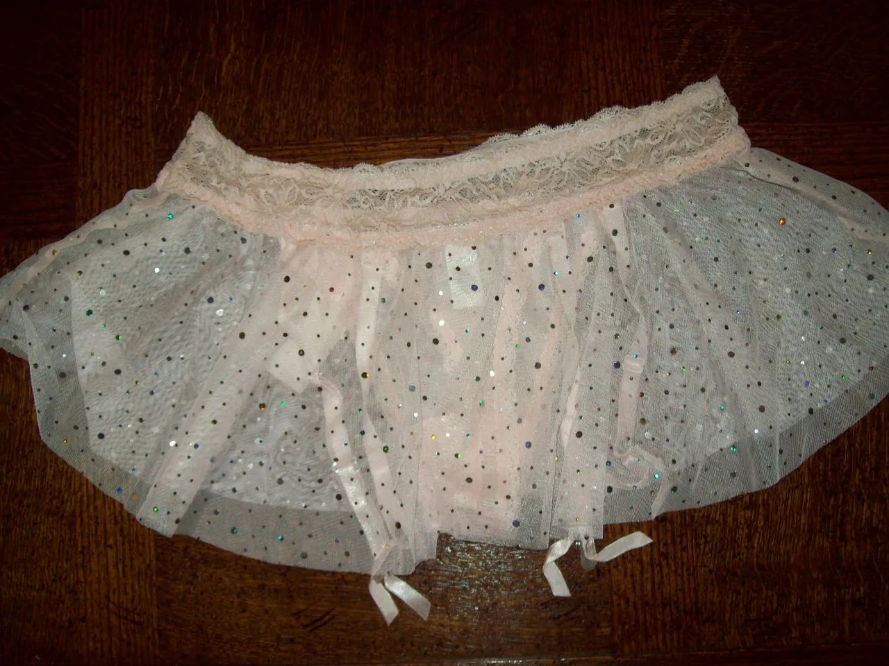 NWT SAKI FLIRT SKIRT THONG w GARTERS FAIRY PINK SPARKLE 16974 M
