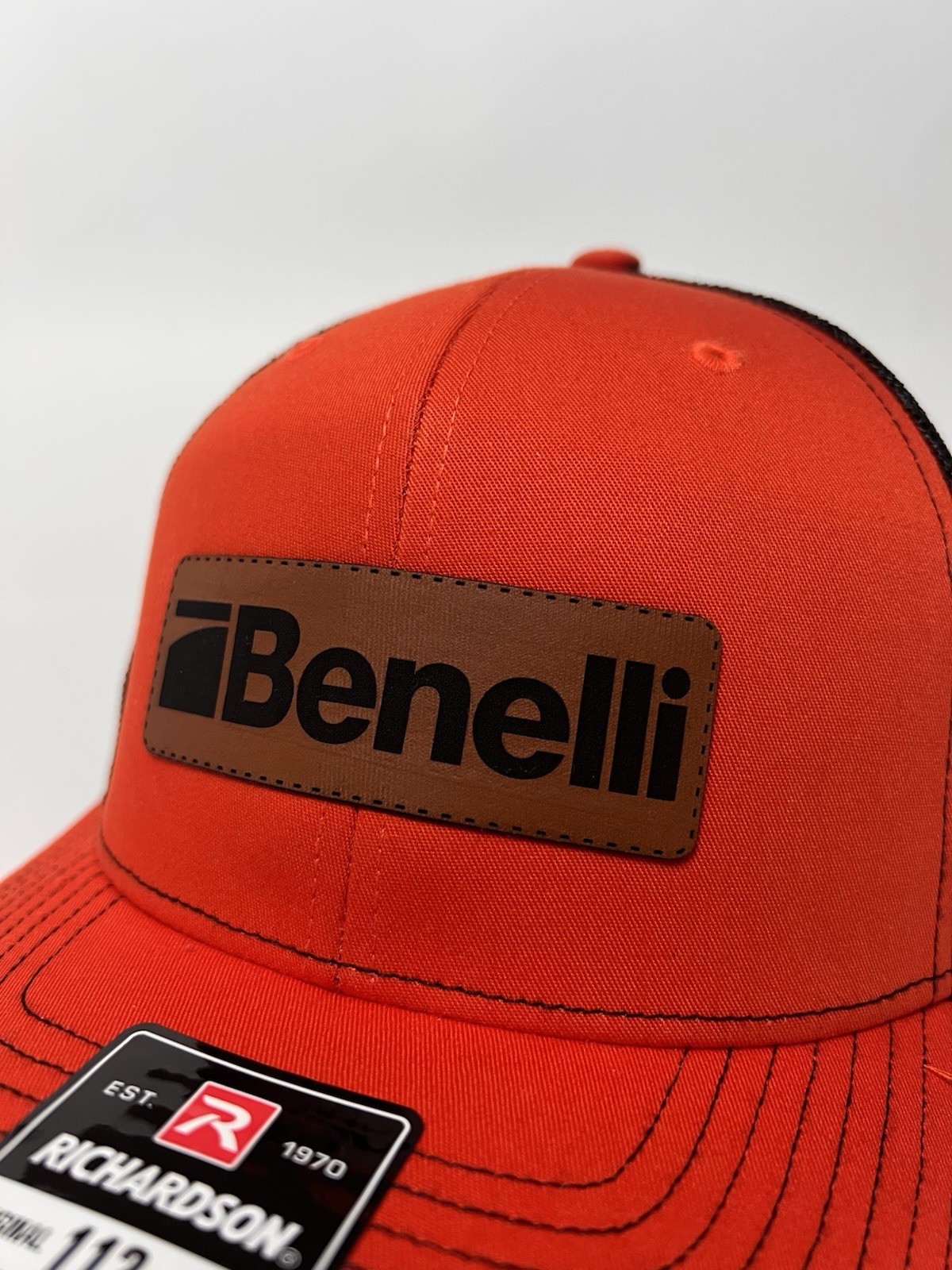Benelli Leather Patch Richardson 112 Hat Orange/Black Mesh Back Trucker Cap NWT