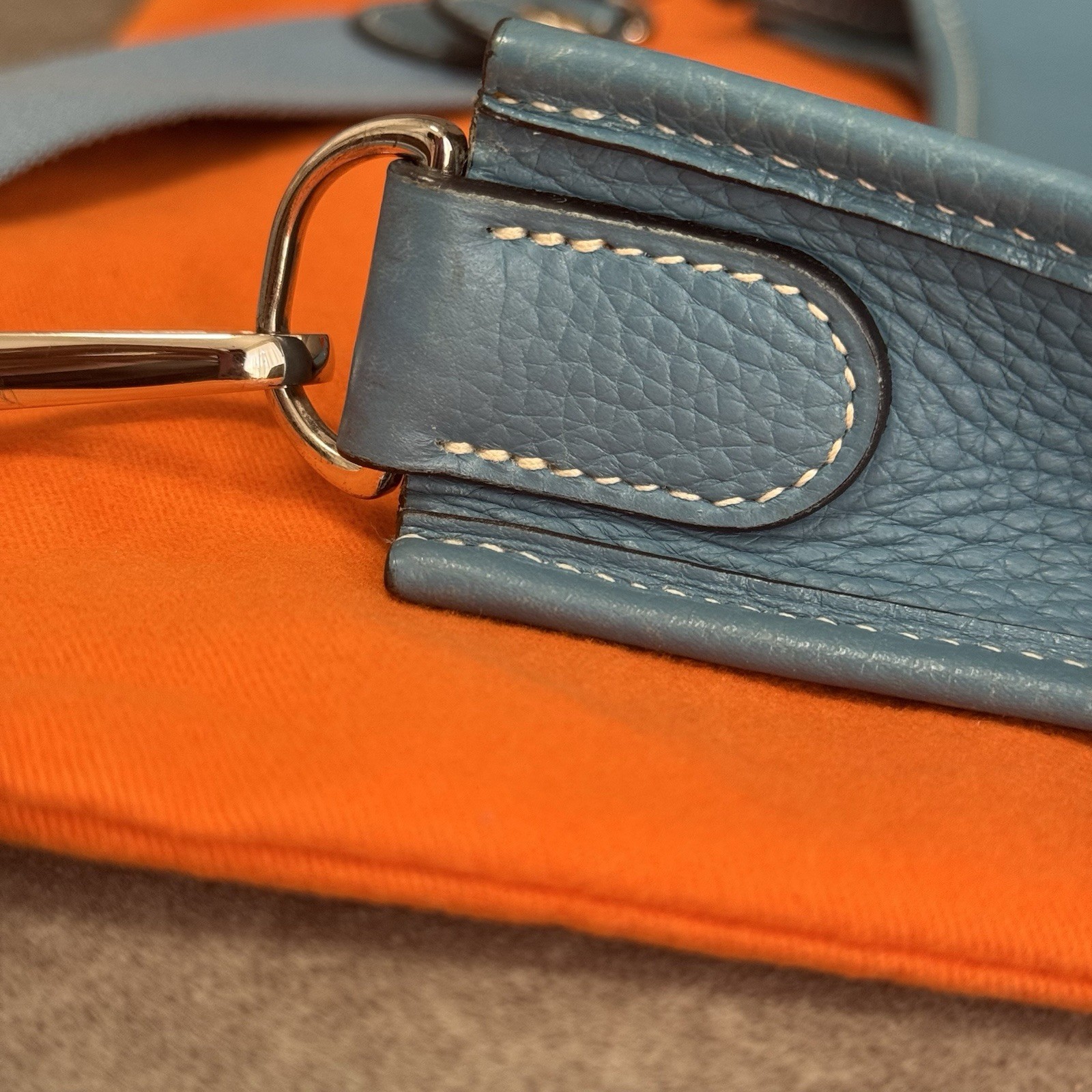 HERMES Evelyne PM Taurillon Clemence Blue Jean Crossbody Bag
