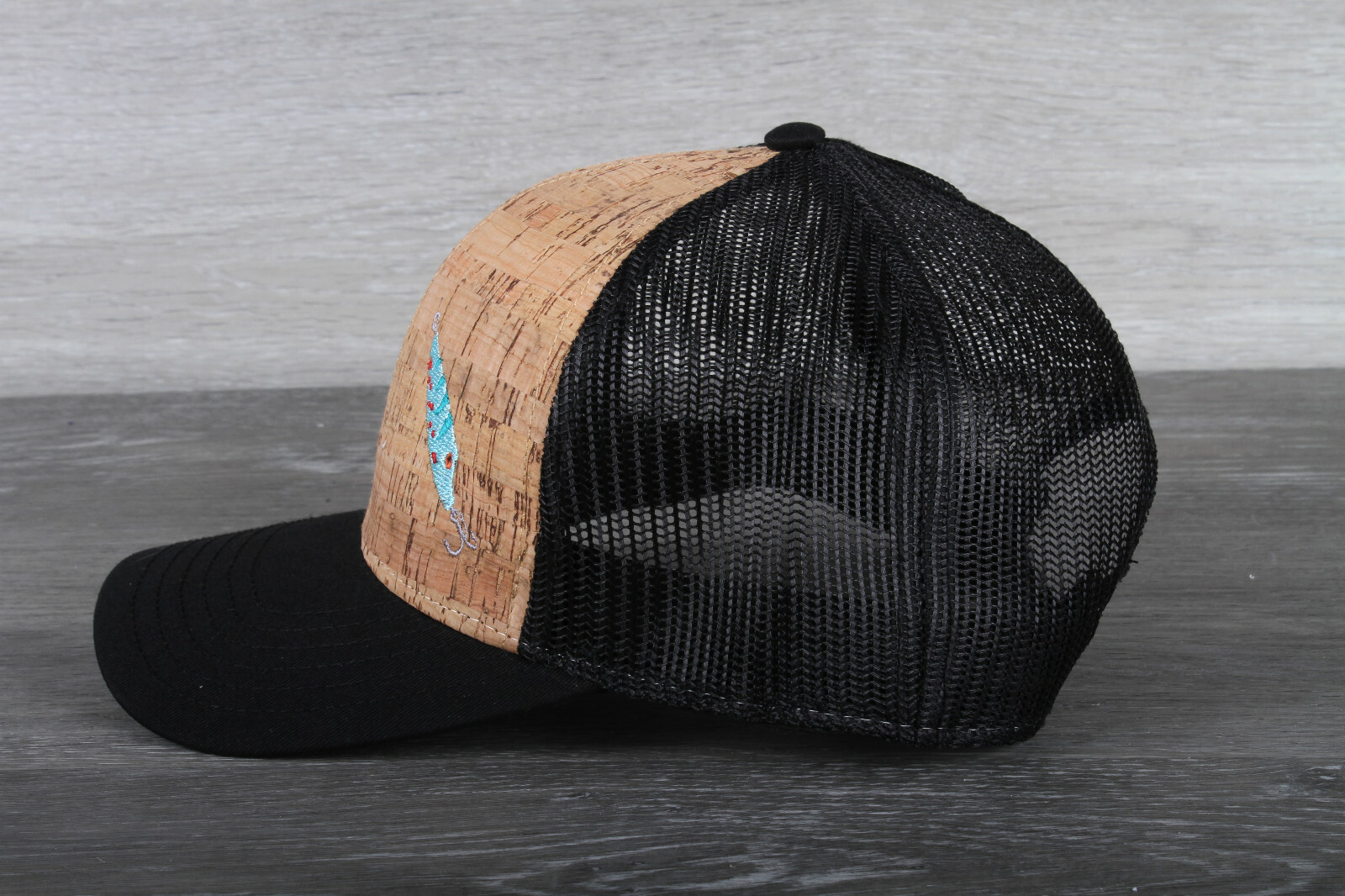 Fishing Lure Embroidered on an Otto 6 Panel Cork Mesh Back Hat