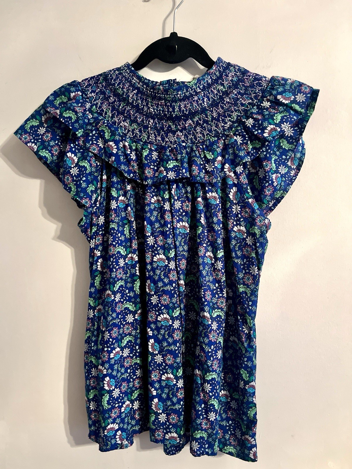 LOFT Floral Smocked Ruffle Sleeve Blouse Blue Multicolor Short Sleeve XL
