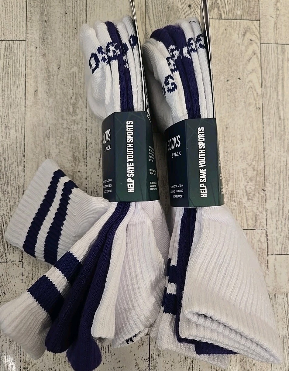 Mens Quarter Crew Socks M or L 3pk Cushioned Purple Baseball Stripe Lot of 2 NEW