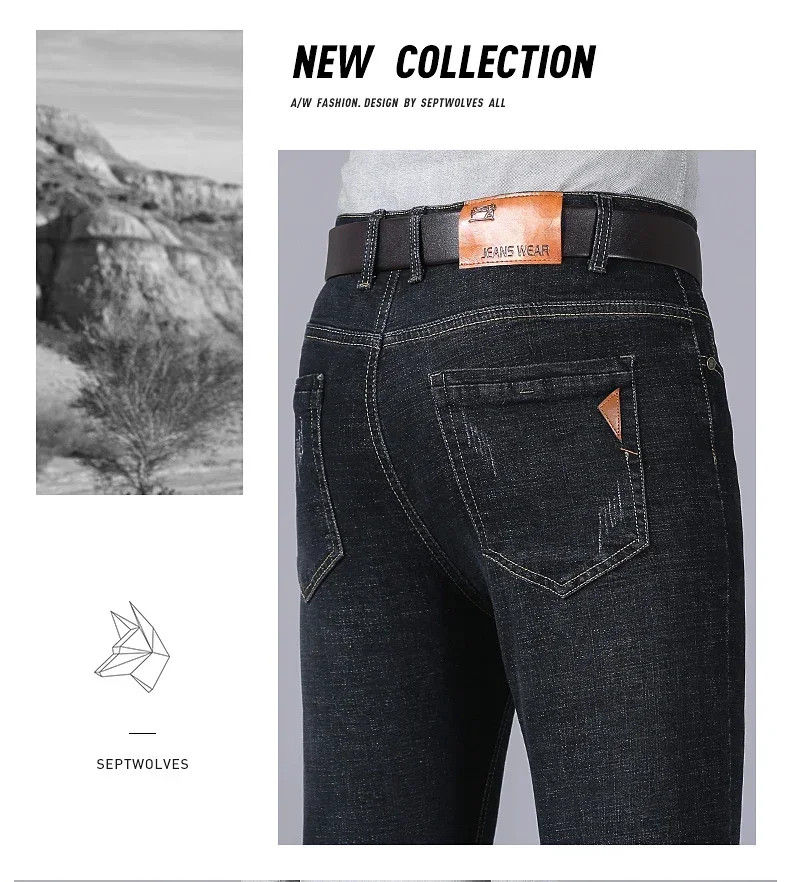 Men’s Casual Straight Leg Jeans Soft Stretch Denim Zipper Fly Blue Black Pants