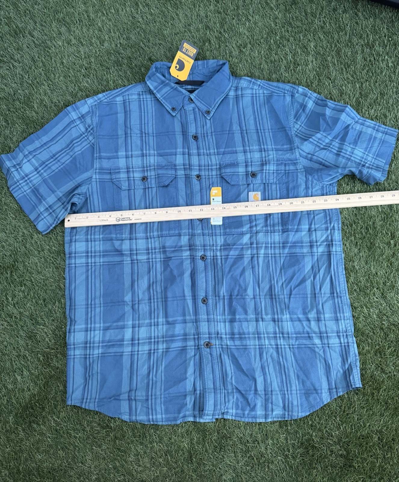 Carhartt Men’s Medium Loose Fit Midweight Short-Sleeve Plaid Shirt Storm Blue