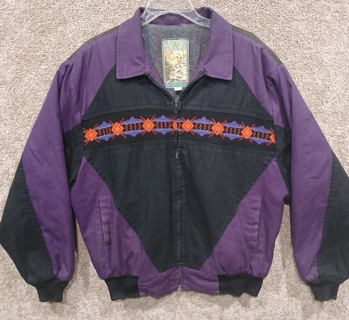 Vintage 90s Canyon Guide Outfitters Bomber Jacket XL Purple Black Aztec Lined