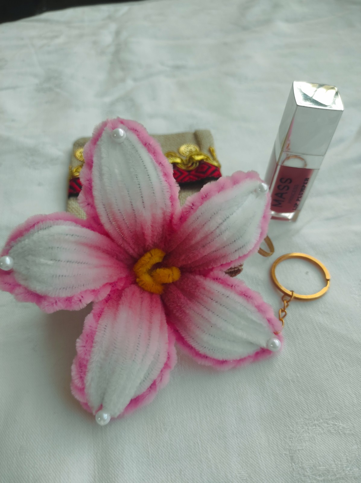 ​Handmade Pink Flower Bag Charm – Artisan Floral Keychain – Unique Handcrafted A