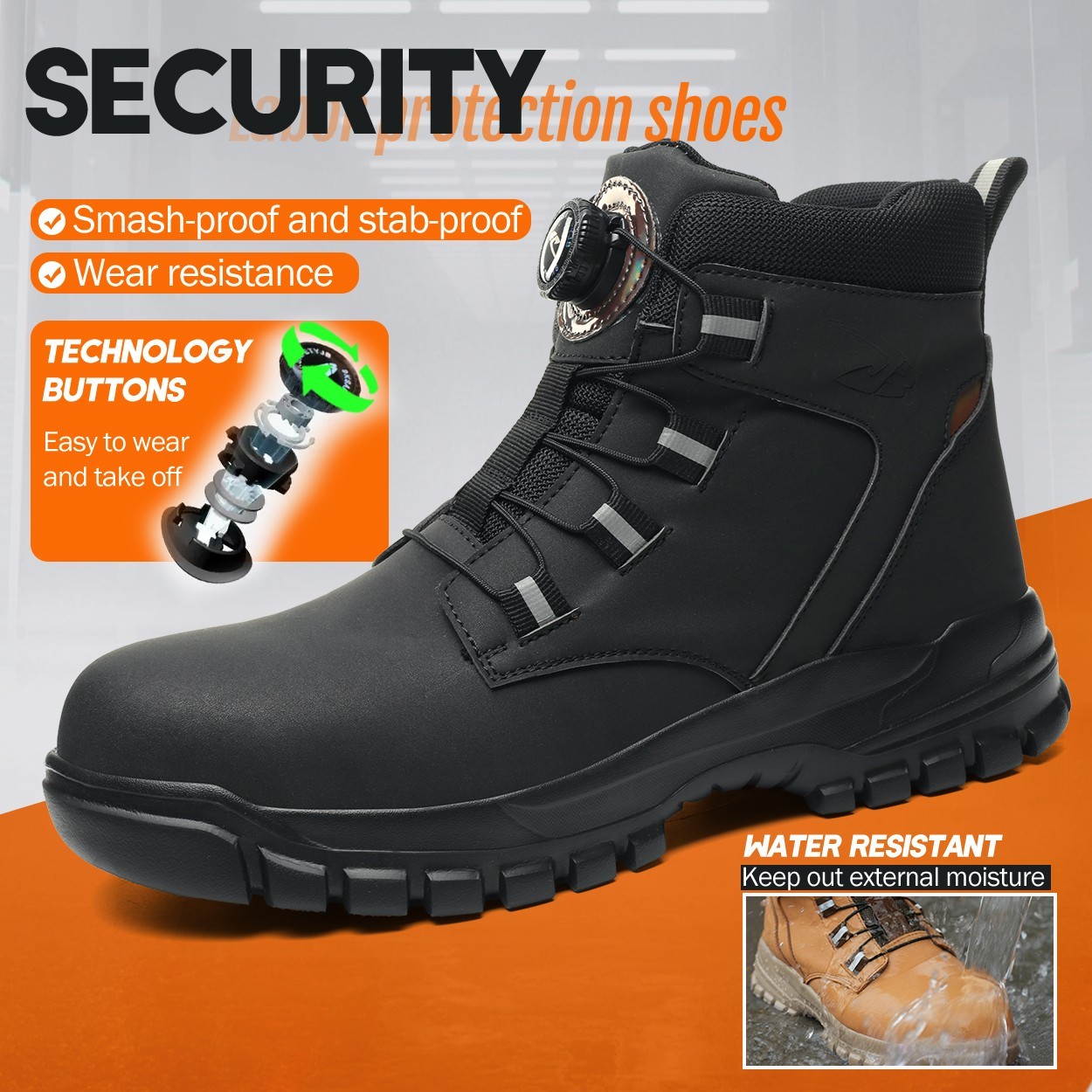 Waterproof Safety Boots Men Rotary Buckle Indestructible Steel Toe Work Boots