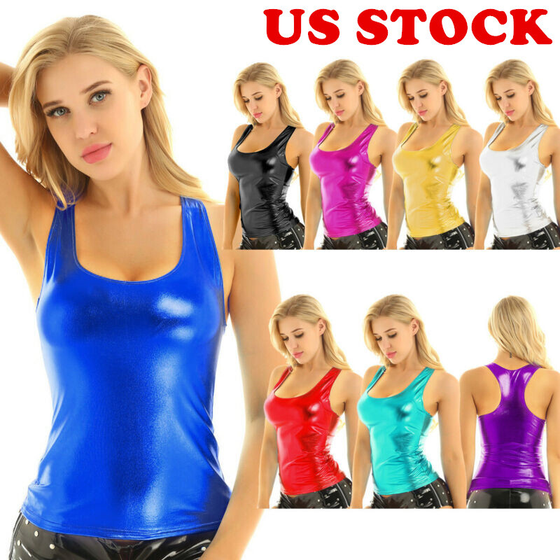 US Daenrui Woman Shiny Wet Look Tank Top Camisole Slim Fit Racerback Top Vest