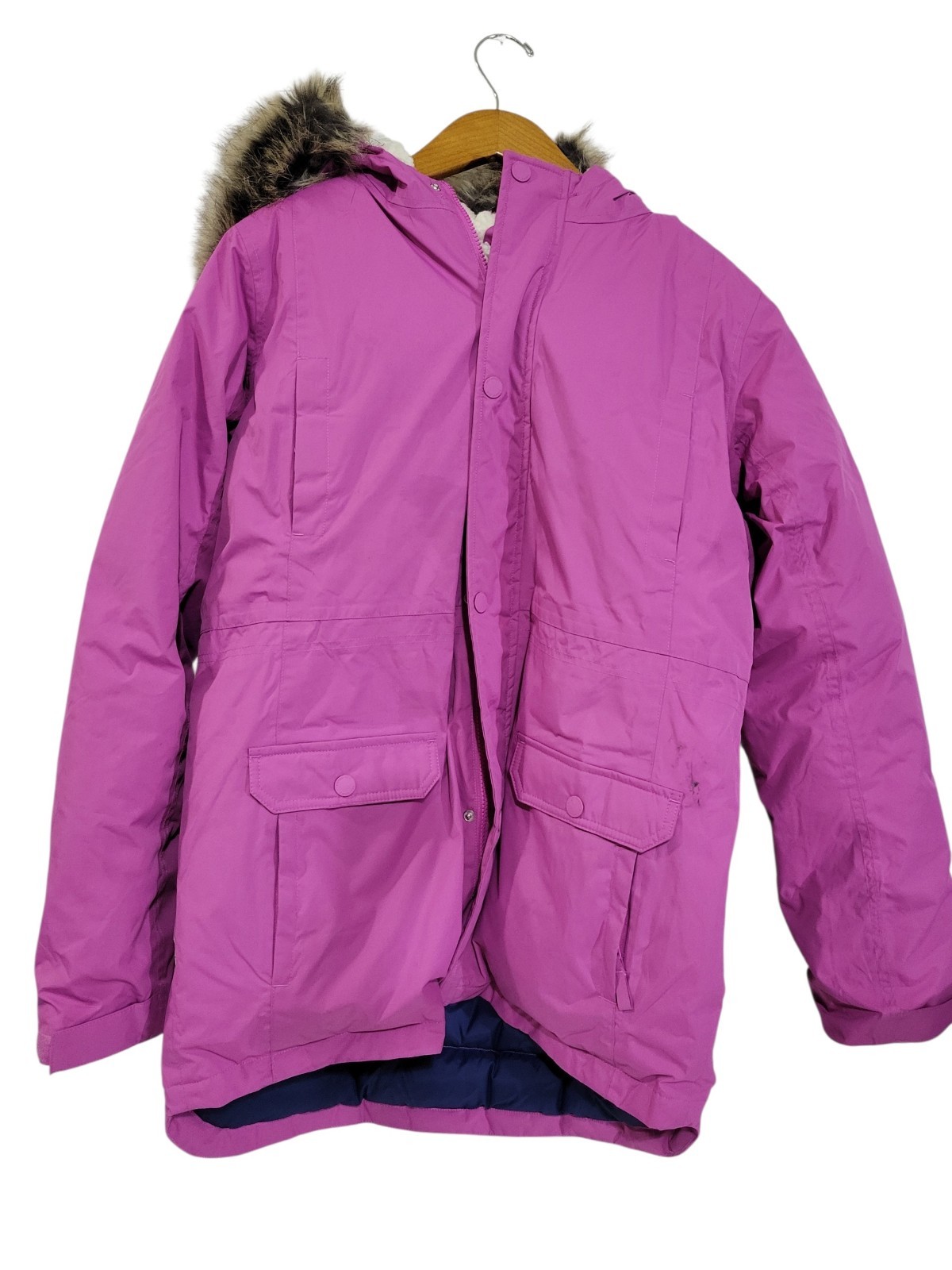 Lands End Expedition Parka Girls XXL Pink Faux Fur Trim Insulated Pockets Hooded