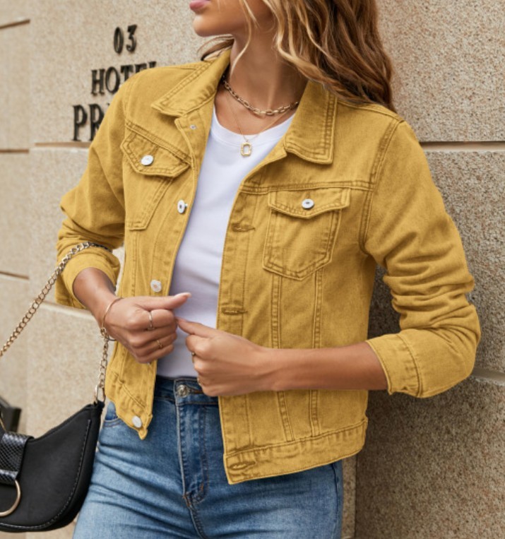 Women Casual Denim Jacket Lapel Pocket Single Breasted Long Sleeve Loose Outerwe