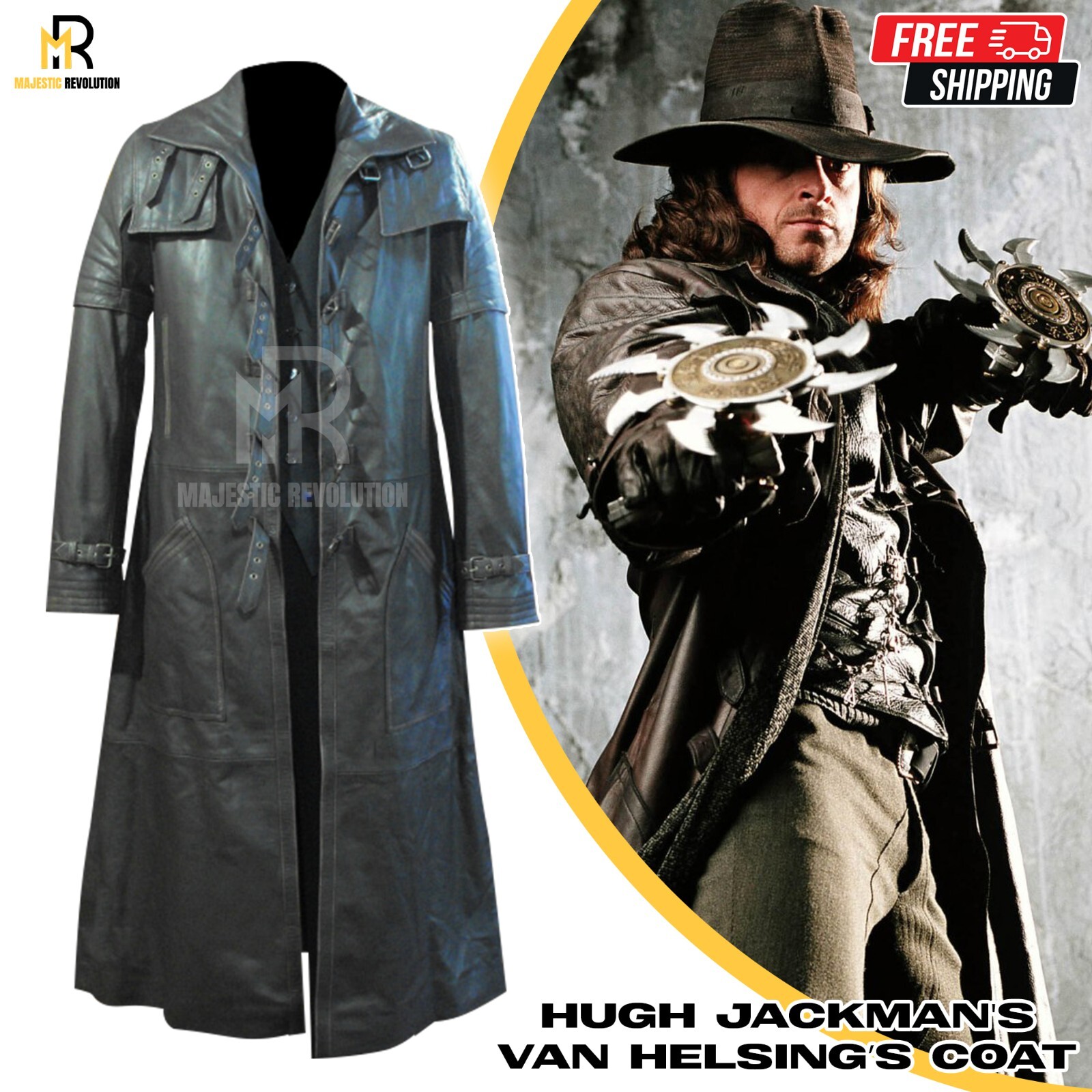 VAN HELSING Men’s Black Lambskin Long Trench Leather Full-Length Duster Coat