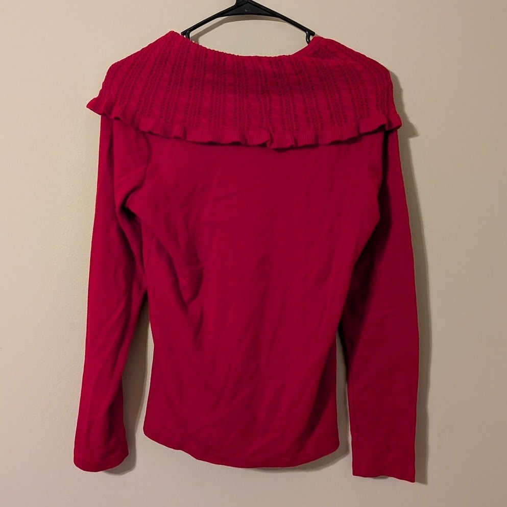 Rafaella Red Oullover Sweater With Ruffled Cowl Neck Collar