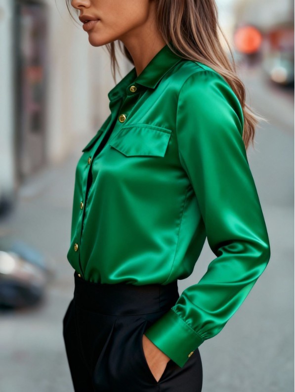 Women Satin Button Down Shirt Long Sleeve Collared Solid Casual Office Blouse