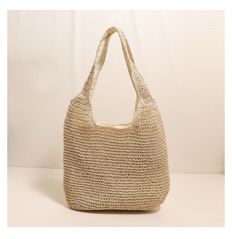 Women Simple Solid Color Large Capacity Straw Shoulder Tote Bag For Vacation