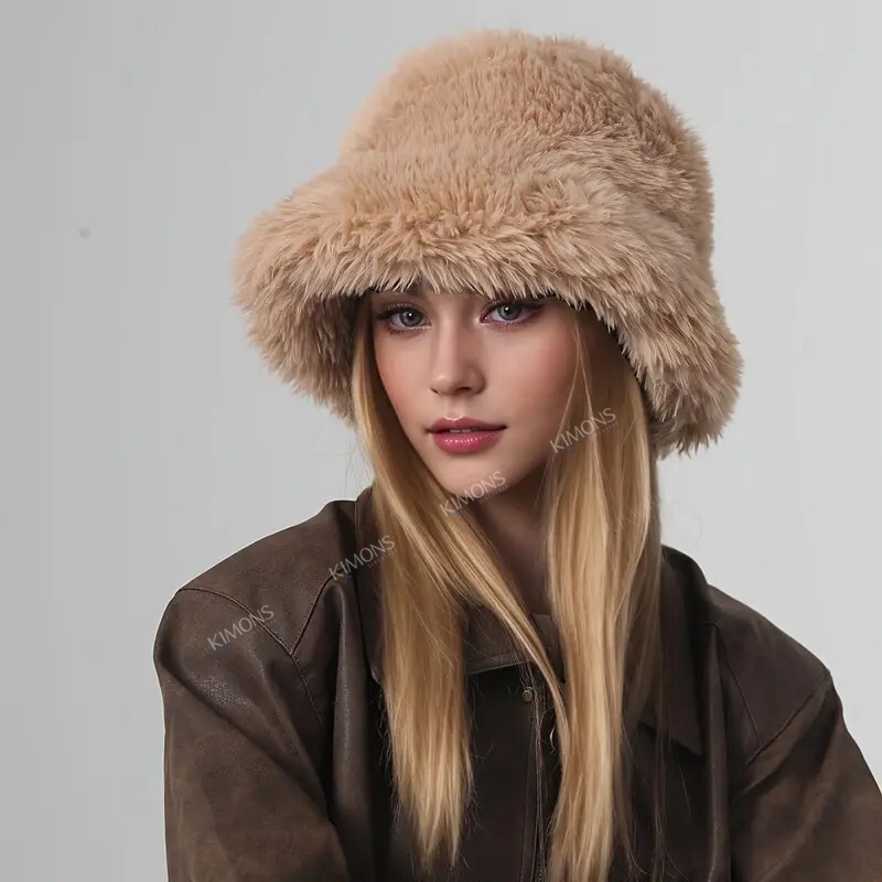 Thick Furry Fluffy Faux Fur Bucket Hat Warm Fisherman Plush Winter Hat Women