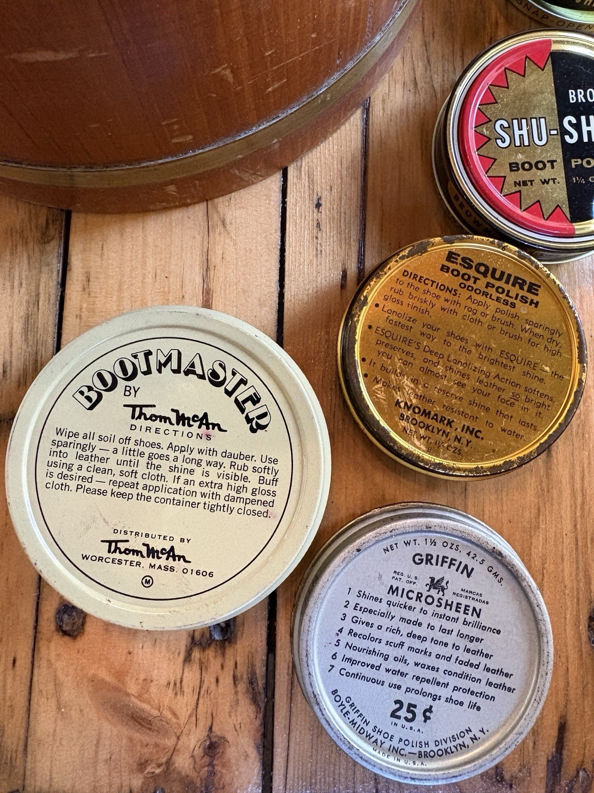 Vintage Wooden Shoe Shine Kit w/ Branded Boot Polish Tins and brushes