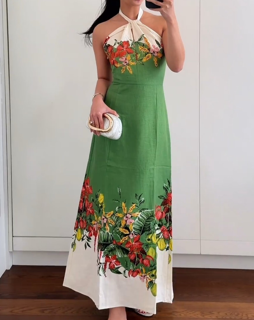 NWT H&M Linen-blend Halterneck Dress Green/flowers 1329753001 Sizes S, M, L