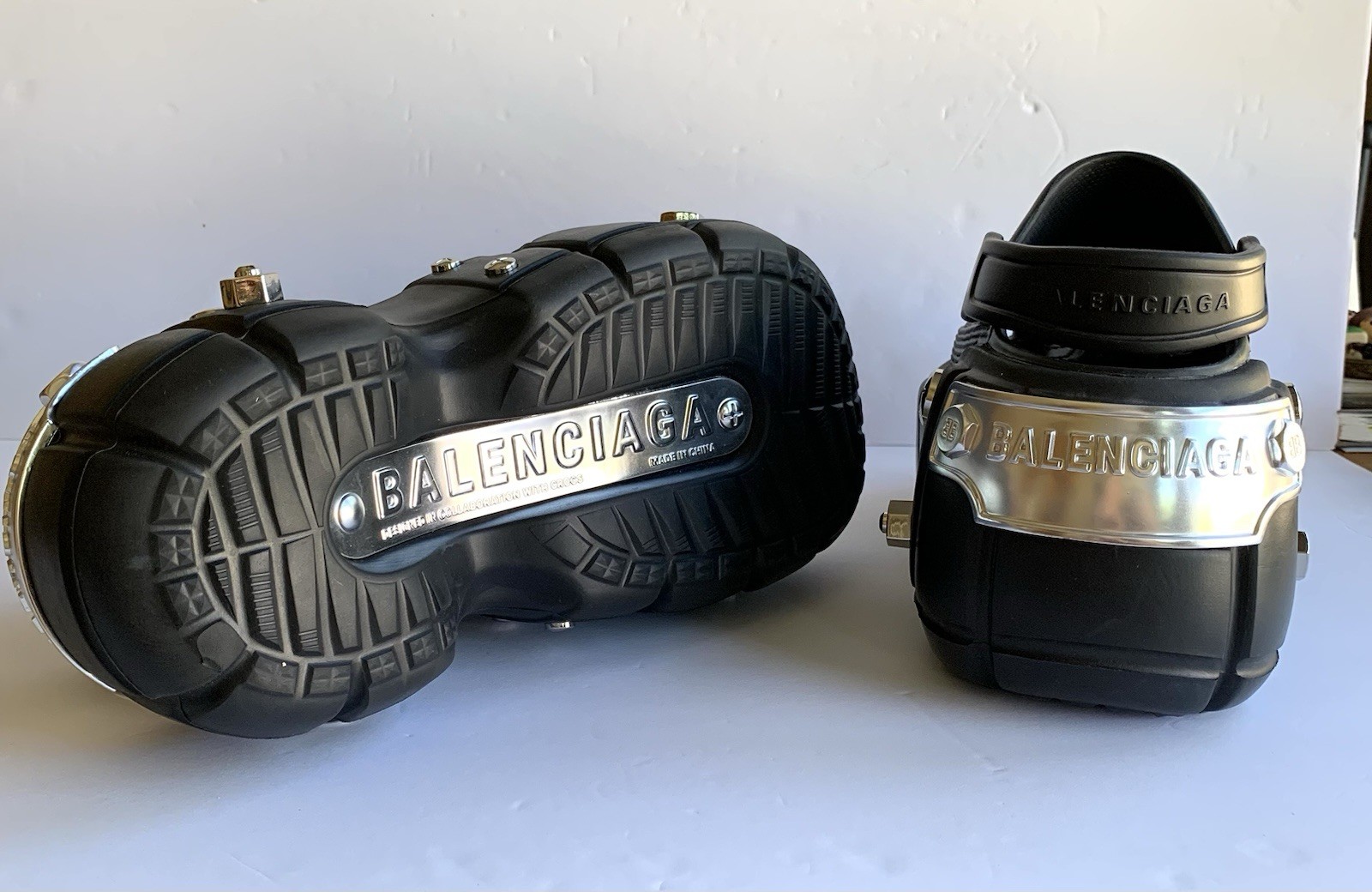 Balenciaga Crocs Black Hardcrocs Giant Platform Slides Silver Hardware W8 M6 NEW