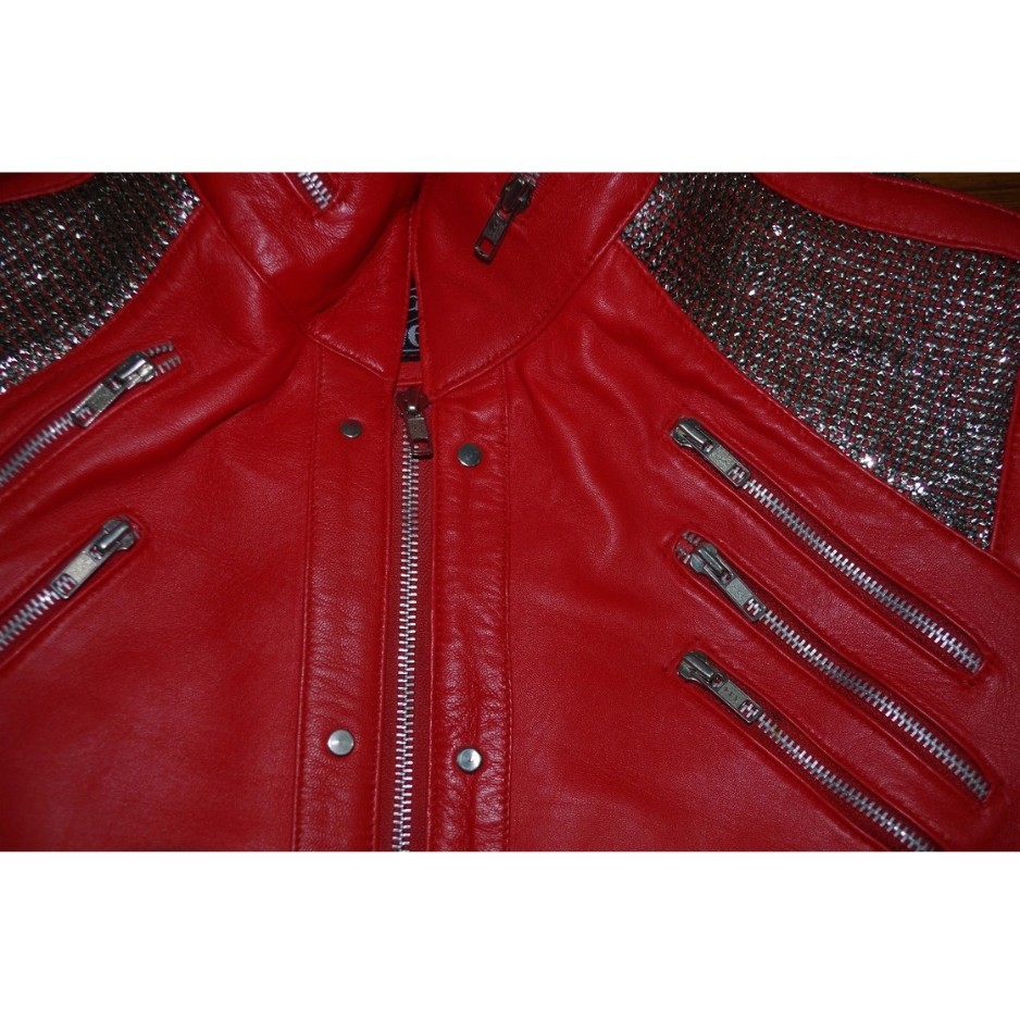 MJ Thriller Beat It Red Real Leather Jacket Michael Jackson Inspired Men New