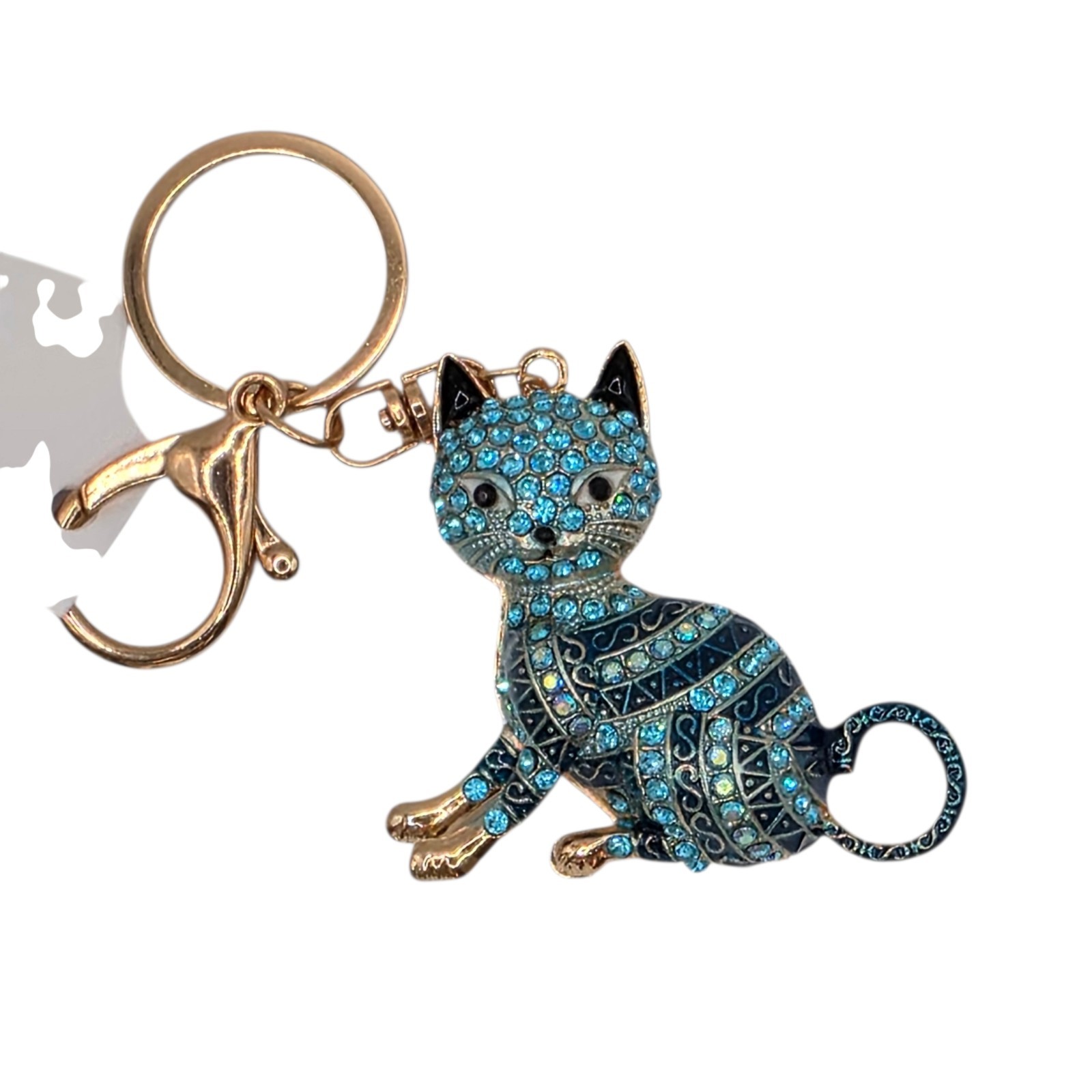 Fashion Jewelry Rhinestone Cat Key Chain Keyring Bag Charm Gold Tone Blue 2 in