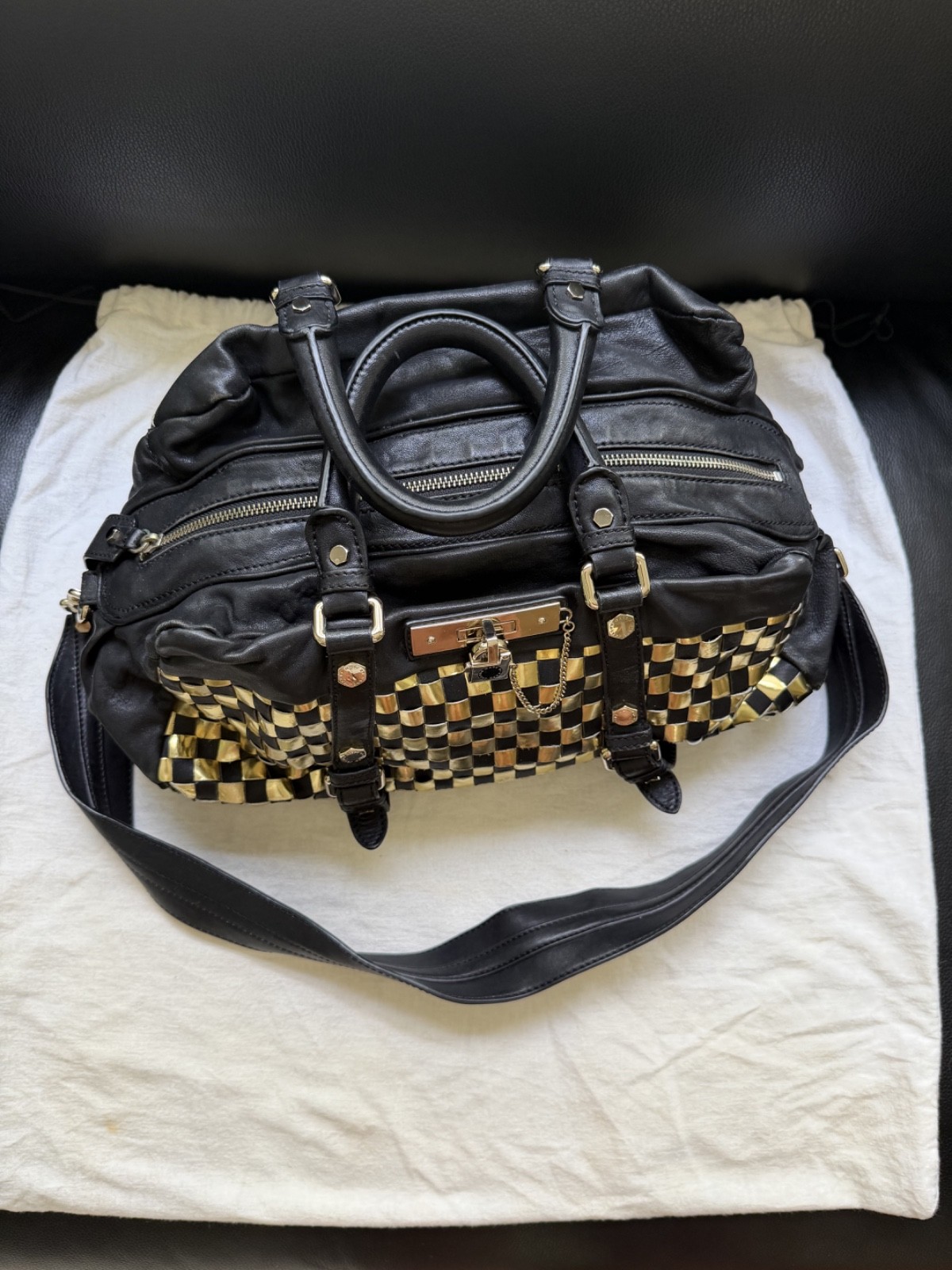 Vintage Marc by Marc Jacobs Metal Check Groovee Woven Black Gold Y2K OG Dustbag