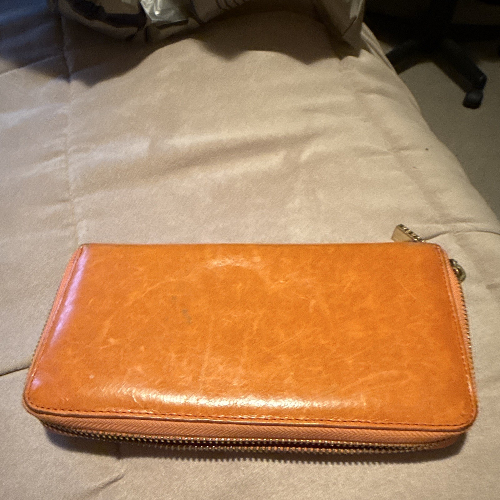 Tory Burch Women’s Orange Solid Zip-Around Wallet w/ Logo, Credit Card Slots