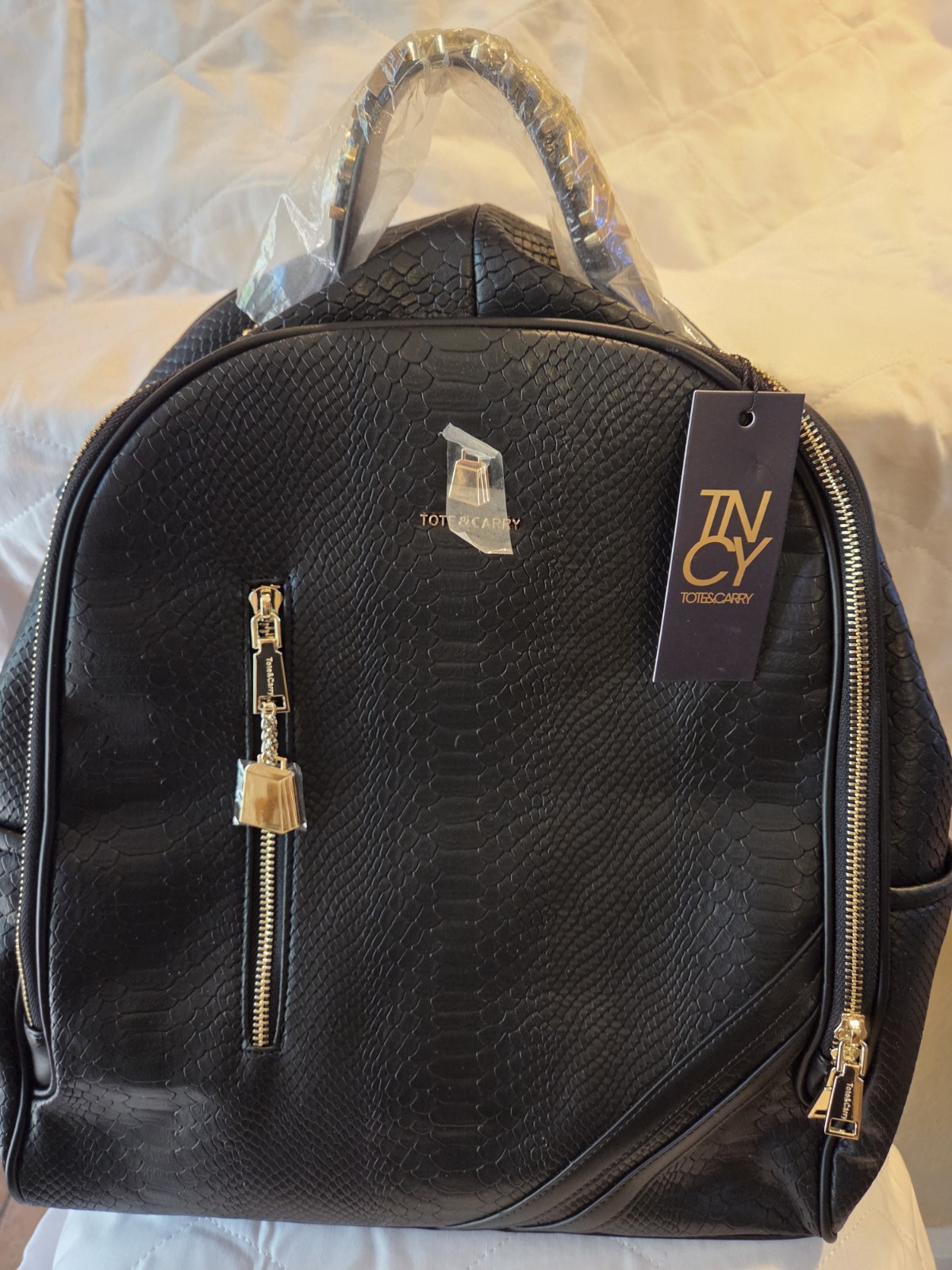 NEW Tote & Carry Black Textured Faux Leather Backpack Gold Hardware Red Lining