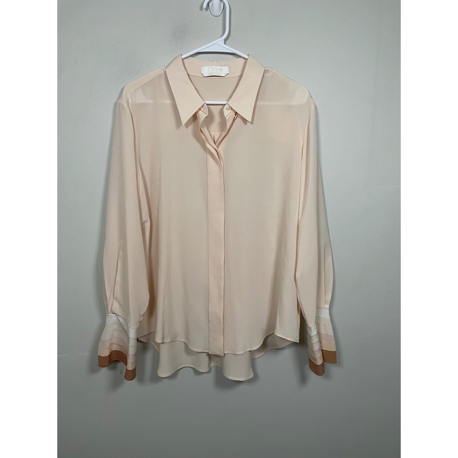 Chloé Pale Pink Silk Button Down Blouse Size 44 Feminine Quiet Luxury Designer