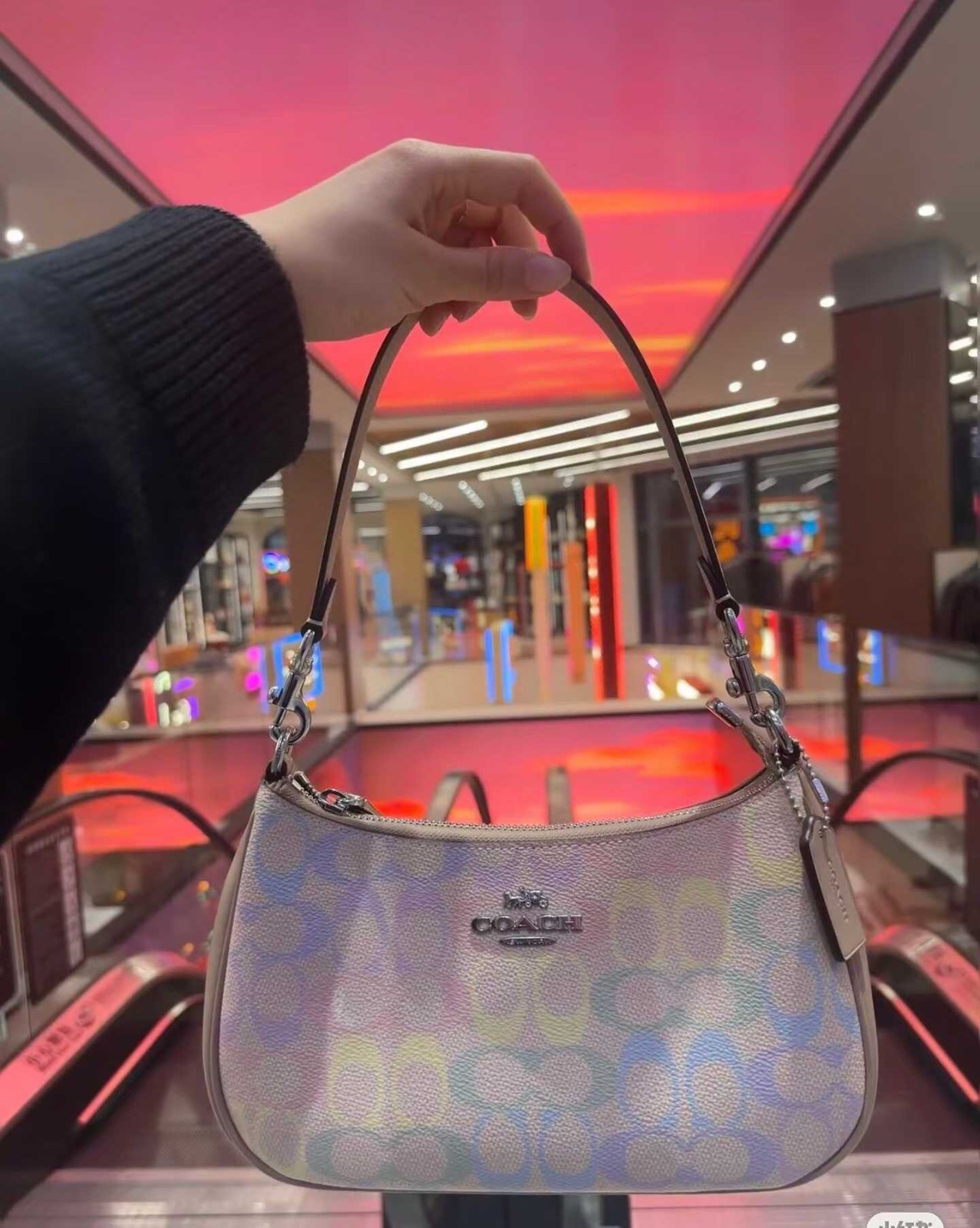 COACH Teri Shoulder Bag In Rainbow Signature Canvas & Leather CDA91 Silver/Sand