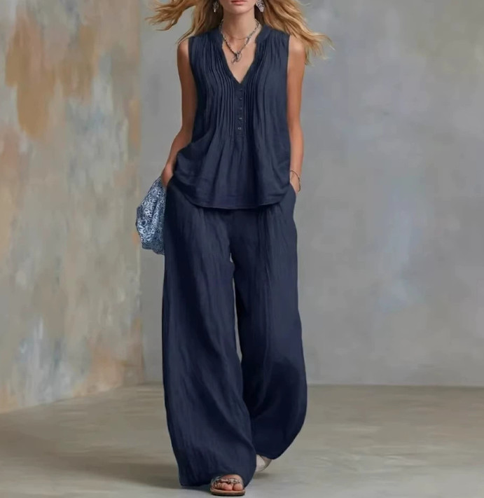 Womens 2 Piece Outfit V Neck Sleeveless Top Wide Leg Pants Casual Lounge Set