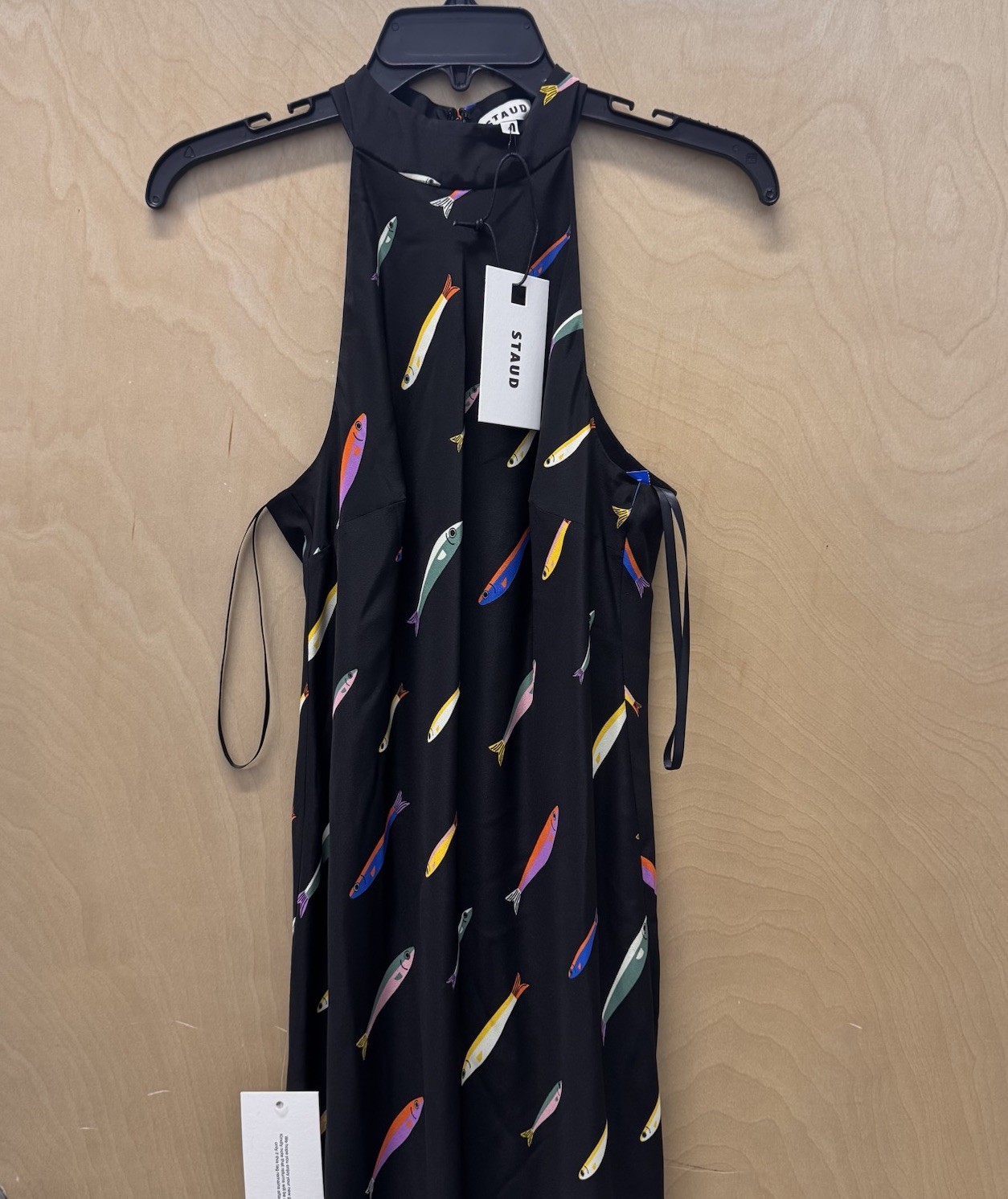 NWT Staud Women’s Black Silk Pop Sardine Print Halter Winnie Maxi Dress Size 4