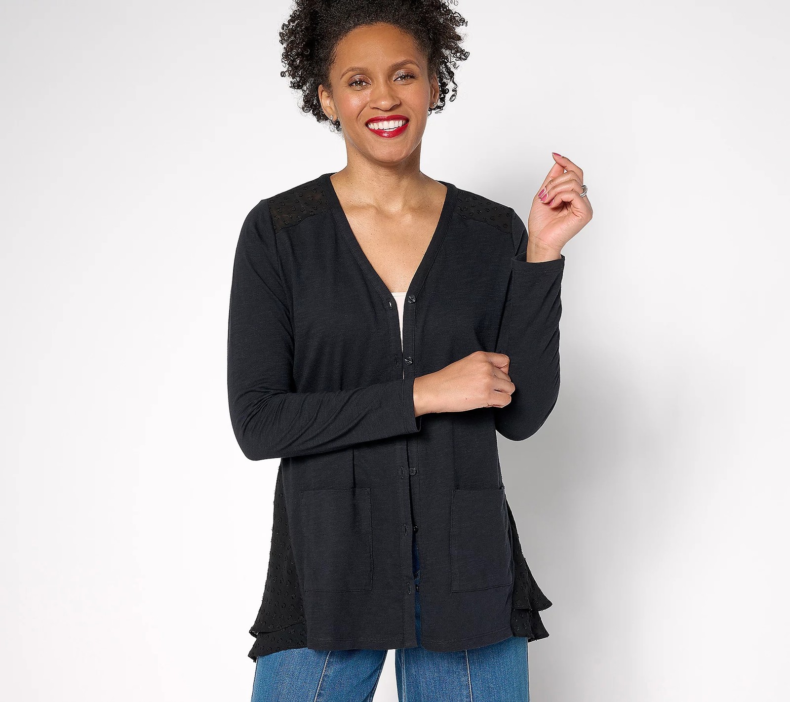 LOGO by Lori Goldstein Petite Knit Cardigan with Clip Dot Trim Black 2X New