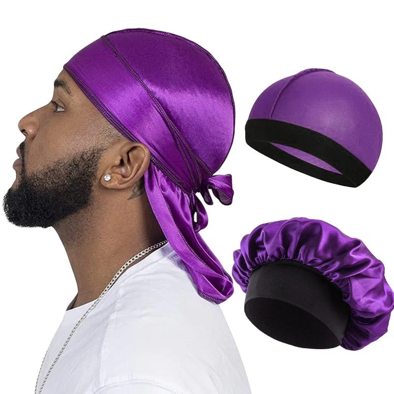 3Pack Silky Satin Durag Men Wave Cap Lot 360 Waves Bonnet Sleep Cap Doo Rag Long