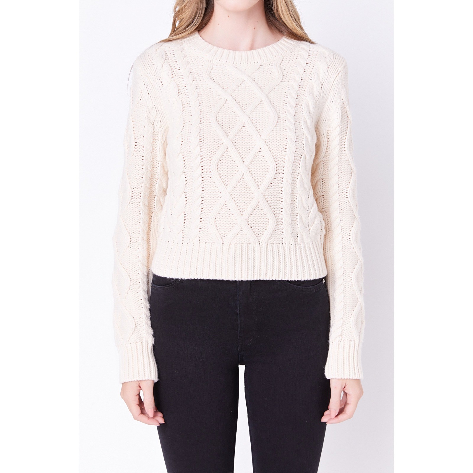 English Factory Womens Cream Cable Knit Cropped Sweater Size Med Ivory Pullover